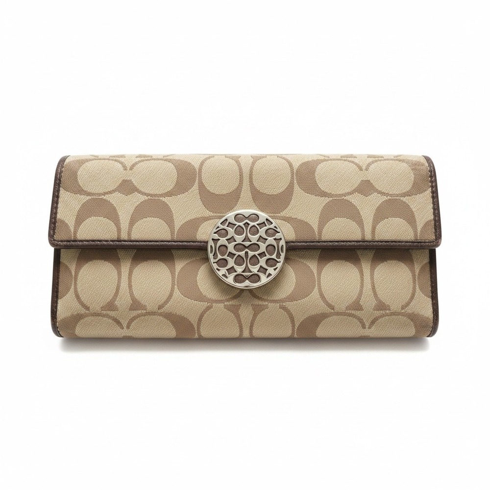 Coach Signature C Monogram Jacquard Tri-Fold Wallet Khaki Brown Silver Medallion